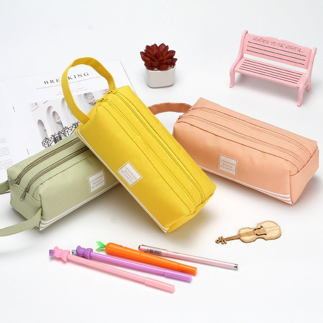 Tragbare Oxford-Stoff Federtasche mit Doppel-Reißverschluss in Beige für Schüler und Studenten - Bild 1