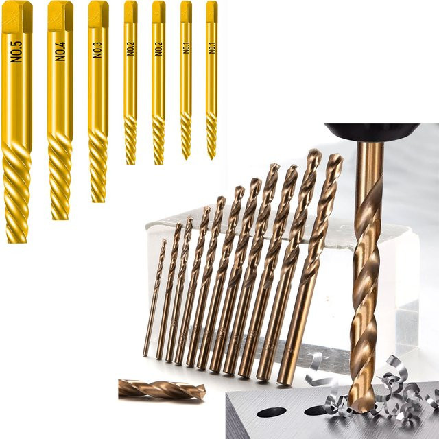 7-teiliges Titan Schraubenausdreher-Set in Gold zum Entfernen beschädigter oder gebrochener Schrauben inklusive 13 Spiralbohrern - Bild 1