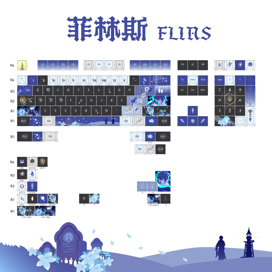 Genshin Impact Kyryll Chudomirovich Flins Keys Anime Tastenkappen aus PBT für Cherry Mechanical Keyboards wie Made68, Mad68 und Wooting 60 in Blau - Bild 6