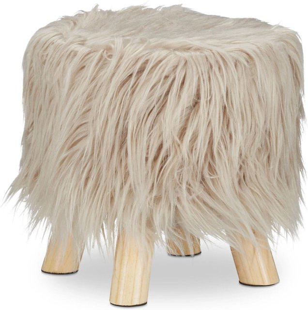 Relaxdays Dekohocker aus Kiefernholz mit Kunstfell in Braun und Beige, Durchmesser: 31 cm - Bild 1