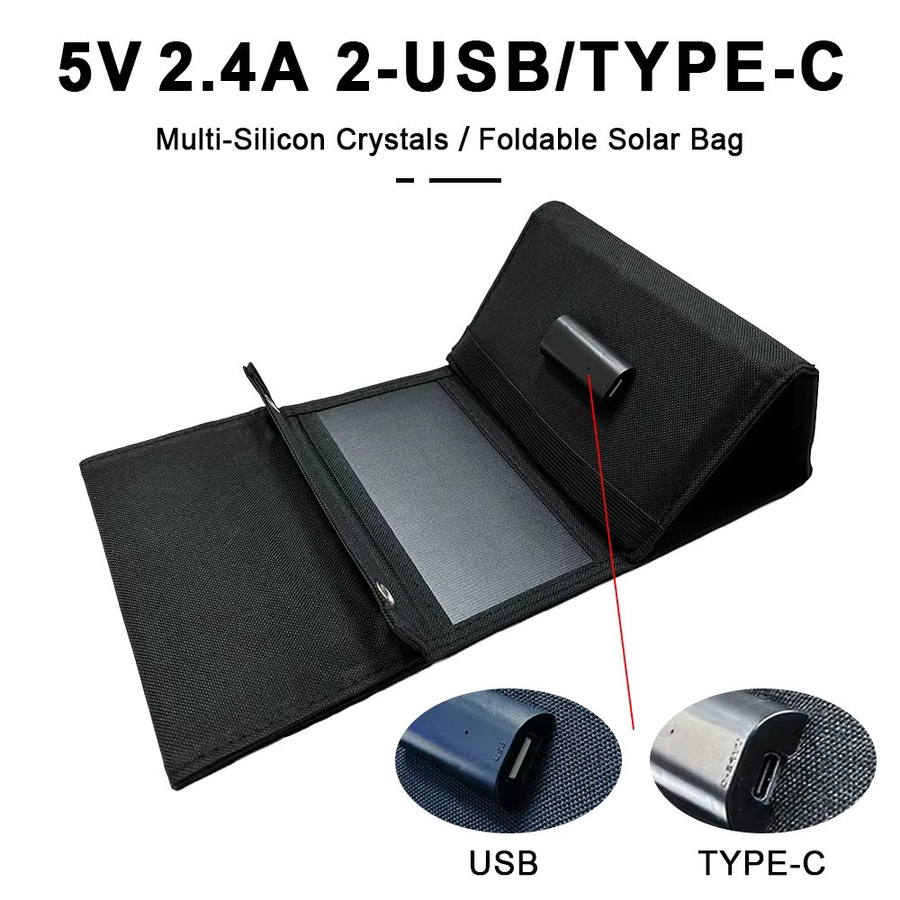 SOECOPO Tragbare 6-fach Camping-Powerbank mit Solarpanel-Tasche und Dual-Interface-Ladefunktion in Schwarz mit USB-A und USB-C Anschlüssen - Bild 5