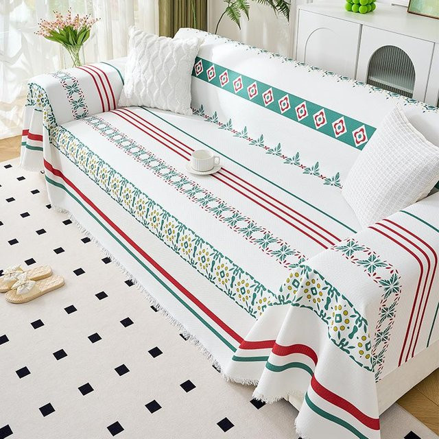 Super Six Sofaüberwurf im indischen Stil, fleckenabweisend und rutschfest, weiß gestreift, B/B: 180 x 130 cm - Bild 1