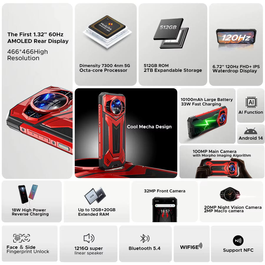 DOOGEE S200 Plus 5G Robustes Smartphone in Rot mit 12 GB RAM, 512 GB Speicher und 6,72 Zoll Display sowie 10100 mAh Akku - Bild 2