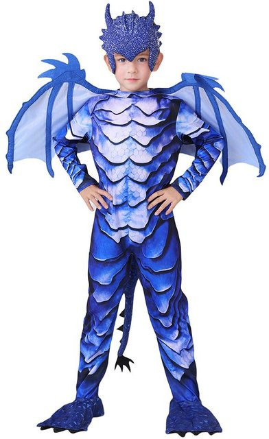Frostblauer Drachenritter Jumpsuit, Kostüm mit Flügel, Schwanz, Maske, blau - Bild 1