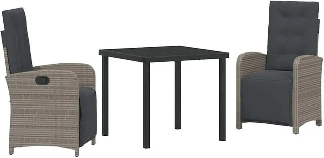 vidaXL Garten Essgruppe 3-teilig aus Poly-Rattan und Glas in Grau mit quadratischem Tisch und Stühlen für Terrasse und Außenbereich - Bild 1