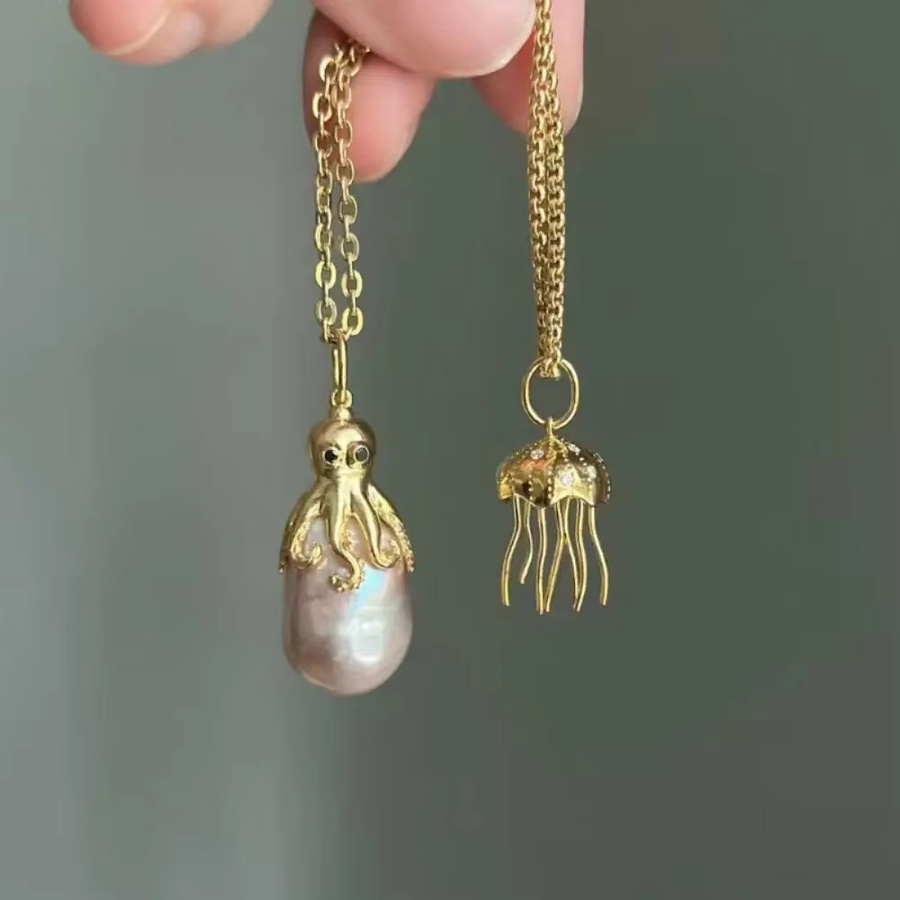 SLOONGJEWELRY Halskette, vergoldet, Süßwasserperlen, Oktopus-Anhänger, Unisex - Bild 3