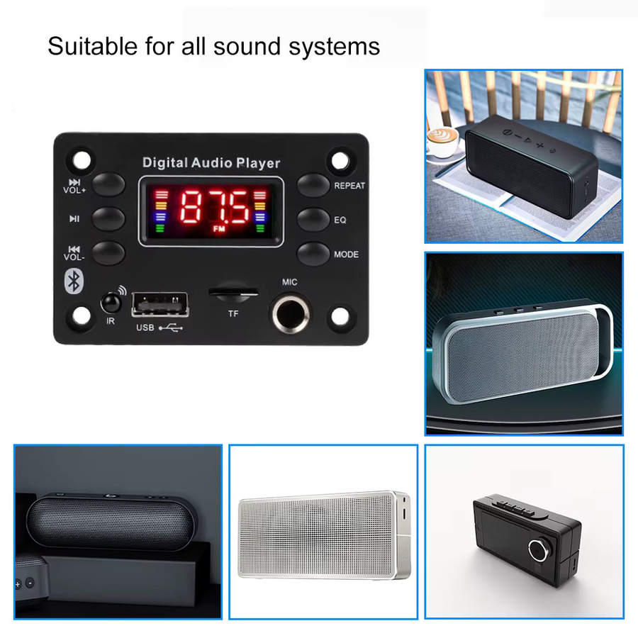 Kebidu 50W Bluetooth MP3 Decoder Board mit FM Radio, USB, TF und Mikrofon für Auto Lautsprecher, Schwarz - Bild 4