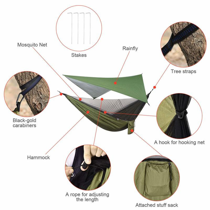 Binchi Outdoor Product Camping-Hängematte mit Moskitonetz und Regenfliege in Grün aus Nylon inklusive Baumgurten - Bild 4