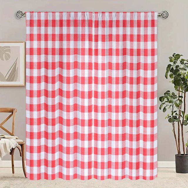 2er-Set karierte Vorhänge von Household supplies MH, halbtransparent, moderner Stil, Breite: 76,2 cm, Höhe: 165,1 cm - Bild 1
