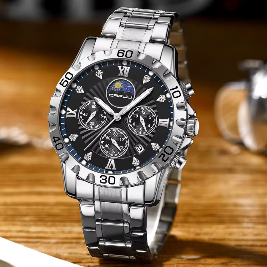 CRRJU Chronograph Armbanduhr, Quarz, Edelstahl, Schwarz, Herren - Bild 3