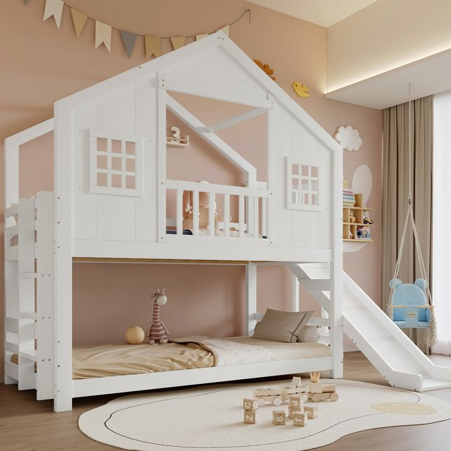 PINGGO Etagenbett für Kinder mit Rutsche und Fensterdach aus Kiefer und MDF in Weiß, B/T/H: 90 x 200 cm, ohne Matratze - Bild 1