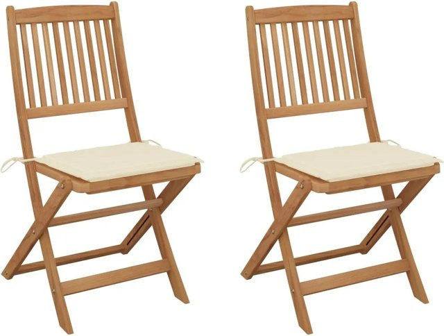 vidaXL Set aus 2 klappbaren Gartenstühlen aus Akazienholz mit Kissen in Cremeweiß - Bild 1