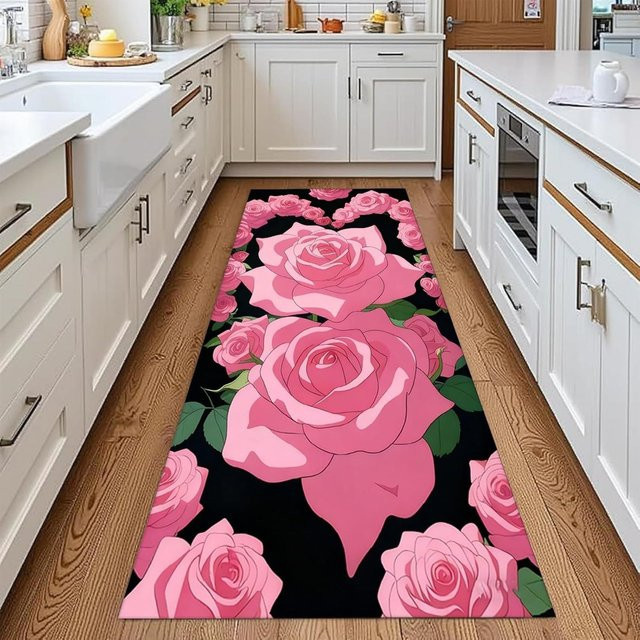 Rosa Blumen Läufer Teppich mit Vintage Rosen-Print von Lodestar, rutschfest und waschbar, B/T: 40 x 120 cm - Bild 1