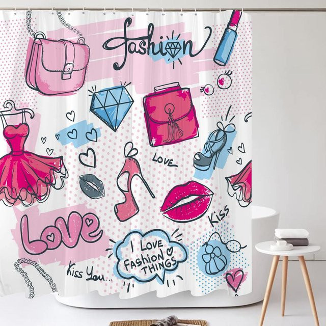 Dunika Chen Duschvorhang mit modernem Mädchen-Motiv aus Polyester, wasserdicht und schimmelresistent, Mehrfarbig, B: 90 cm, H: 165 cm - Bild 1