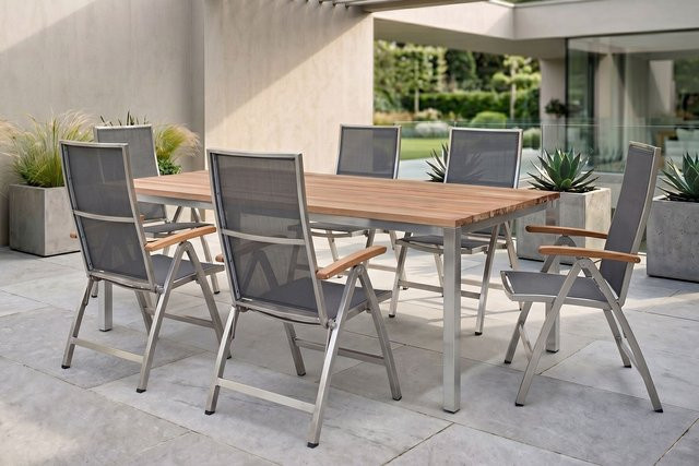 Stern Cardiff Garten-Essgruppe aus Edelstahl und Teakholz in Silber/Silbergrau mit Tisch und 6 Klappstühlen, Tisch B: 200 cm, T: 100 cm, H: 76 cm - Bild 1
