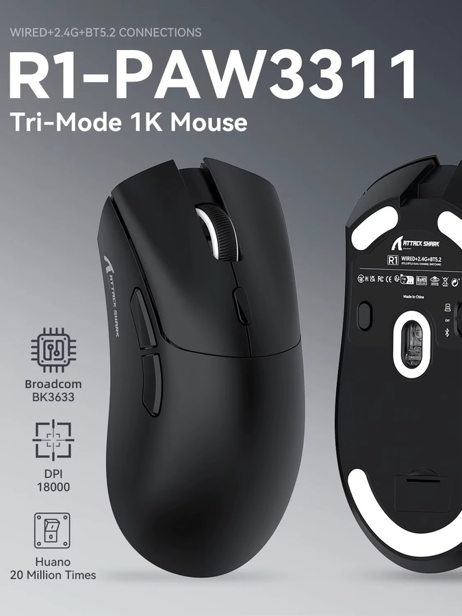 ATTACK SHARK R1 Tri-Mode Gaming-Maus in Weiß mit PixArt PAW3311-Sensor, 18000 DPI und 59 g ultraleichtem Design für PC und Mac - Bild 7
