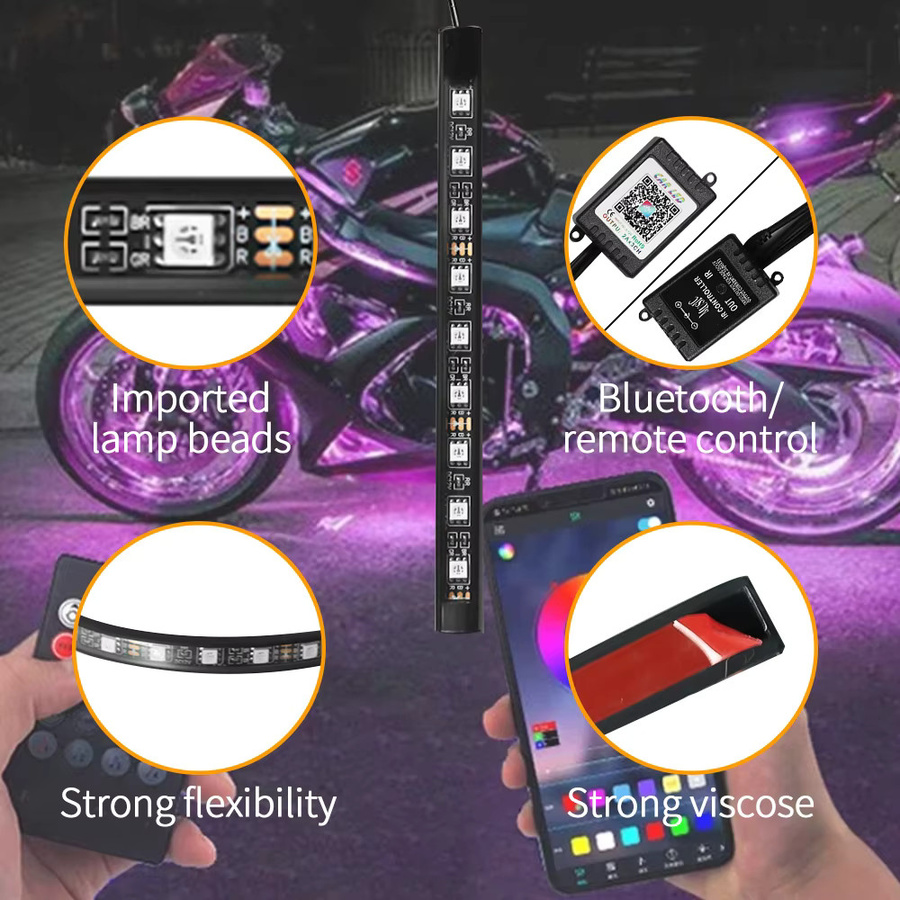 WUMFIRE Motorrad LED Neon Streifen Licht Kit mit RGB Fernbedienung und USB, Multicolour Underglow Dekolicht für Motorrad und Auto - Bild 2