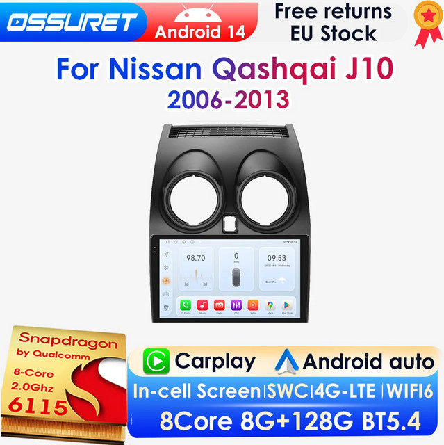 OSSURET Android Auto Radio für Nissan Qashqai J10 (2006-2013) mit Snapdragon 8 Core, CarPlay, 2Din, Bluetooth, 4G und DSP, Schwarz - Bild 1