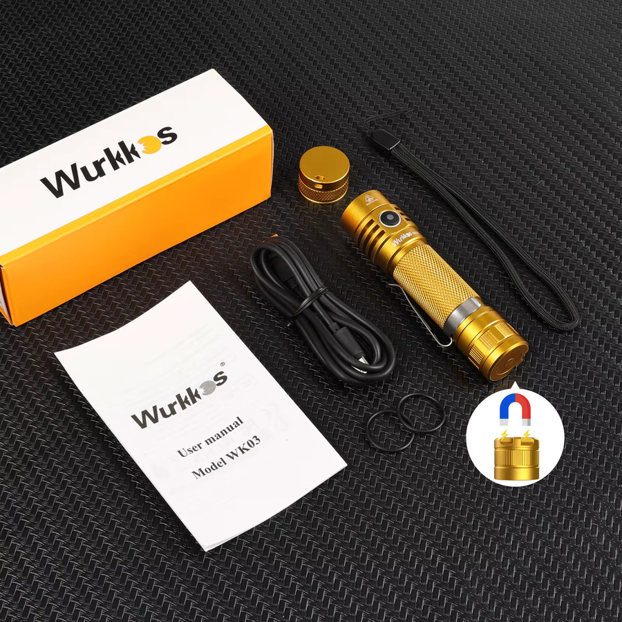 Wurkkos Golden WK03 519A EDC-Taschenlampe in Gold/Messing mit 1200 lm, hohem CRI, IPX8-Wasserdichtigkeit und magnetischem Ende - Bild 5