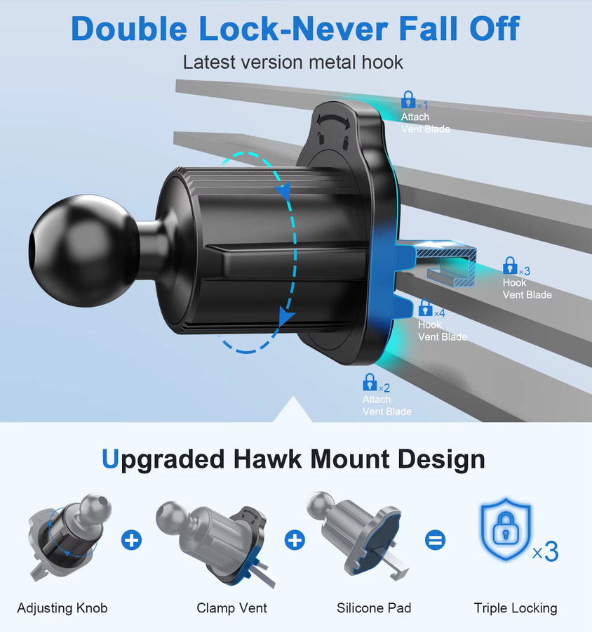Universeller magnetischer Handyhalter für Lüftungsschlitze im Auto mit Metallhakenclip und 360 Grad Drehung in Schwarz - Bild 3