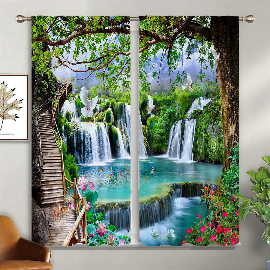 Yiran Furniture Dekorative Vorhänge Naturlandschaft 3D-Druck, 2er-Set Halbverdunkelungsvorhänge aus Polyester, Mehrfarbig, B: 50 cm, H: 140 cm - Bild 1