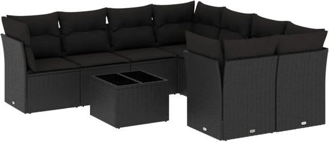 vidaXL 9-teilige Garten-Sofagarnitur in L-Form mit Tisch und Kissen, Schwarz, PE-Rattan und pulverbeschichtetem Stahl - Bild 1