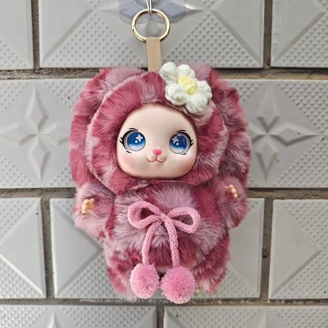 Plüsch-Schlüsselanhänger, Kunstfell, karierte Schleife, pink, Mädchen - Bild 1