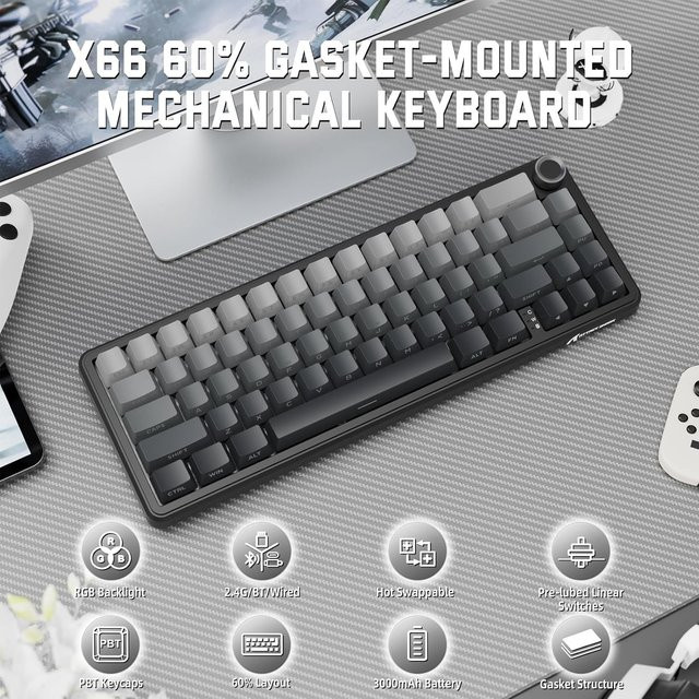 ATTACK SHARK X66 Kabellose mechanische Gaming-Tastatur mit RGB, 66 Tasten, Hot-Swap und linearen Schaltern, Weiß - Bild 1