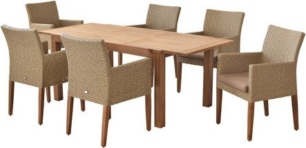 Merxx Ranzano Gartenmöbelset 7-teilig mit Ausziehtisch und 6 Sesseln aus Akazienholz und Kunststoffgeflecht in Beige und Braun - Bild 1