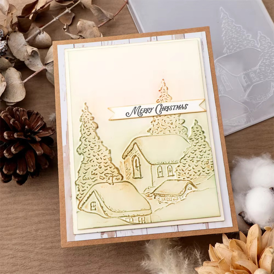 3D-Prägeschablone mit Blumenmuster, Hütte und Baum in Schneegrün für Scrapbooking und Papierhandwerk - Bild 4