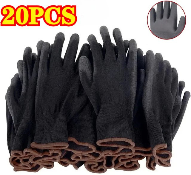 20 Stück schwarze PU-beschichtete Nylon-Handschuhe, rutschfest und atmungsaktiv für Holzarbeiten, Outdoor und Automobilreparatur - Bild 1