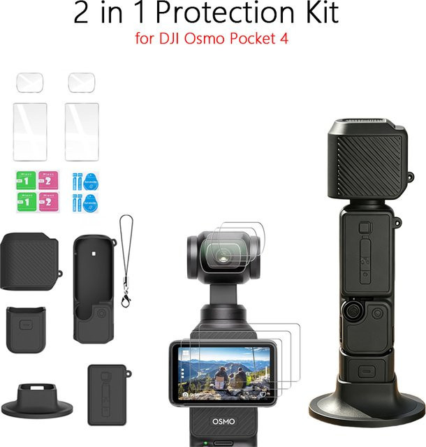 DJI Pocket 4 Action-Kamera-Schutzset mit Silikonhülle und gehärteten Glasdisplay-Schutzfolien - Bild 1
