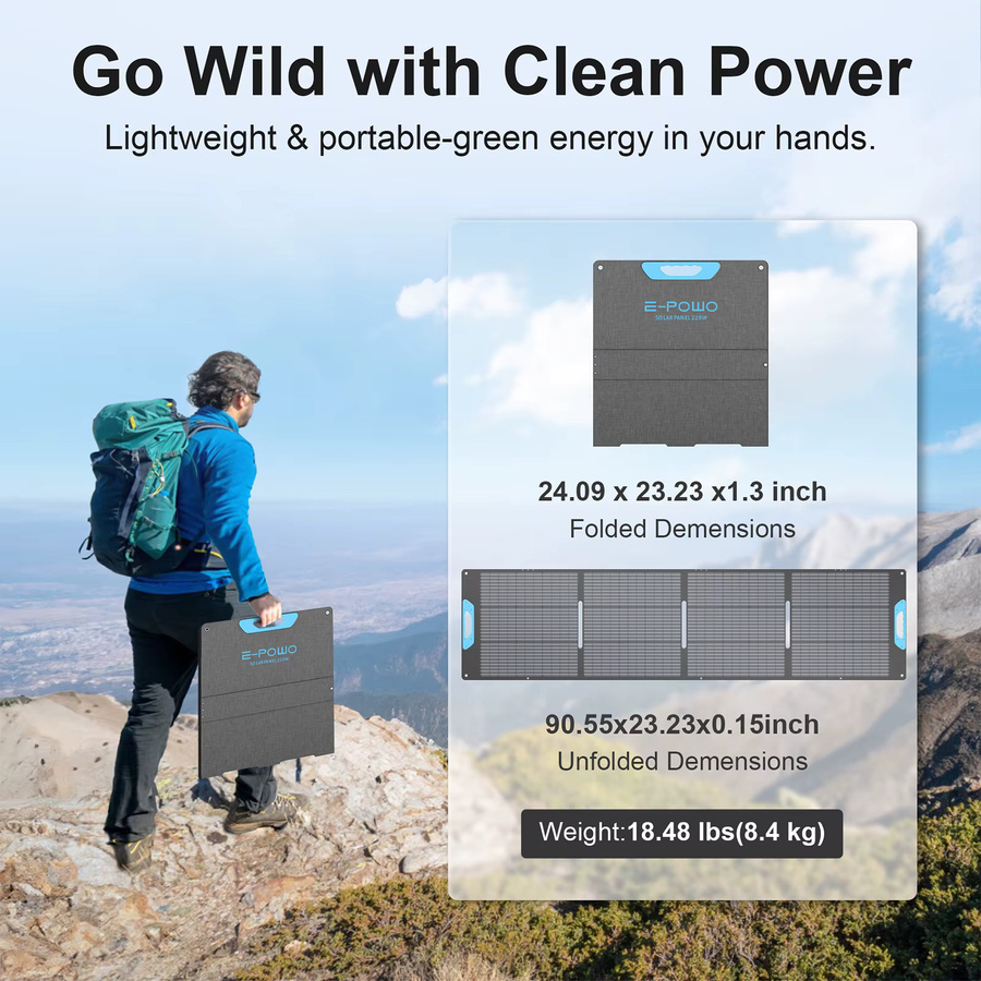 E-POWO 220W Tragbares Solarpanel für Powerstation, Faltbares Solarmodul mit 23,5% Effizienz, ETFE, USB-A und Typ-C Ausgang, IP67 Wasserdicht, Blau - Bild 2