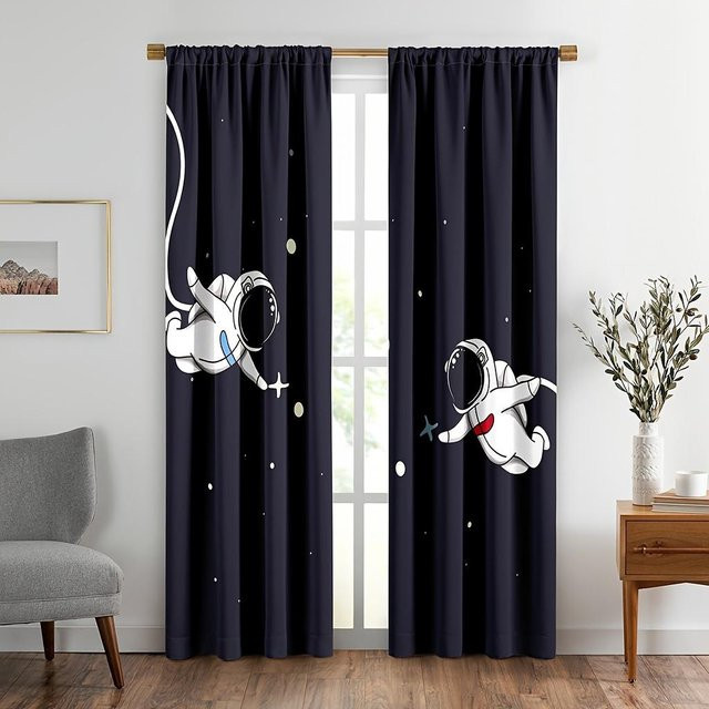 2er-Set Astronauten Weltraum Fenstervorhänge mit Planeten-Motiv in Tiefblau und Schwarz, Breite: 150 cm, Höhe: 166 cm - Bild 1
