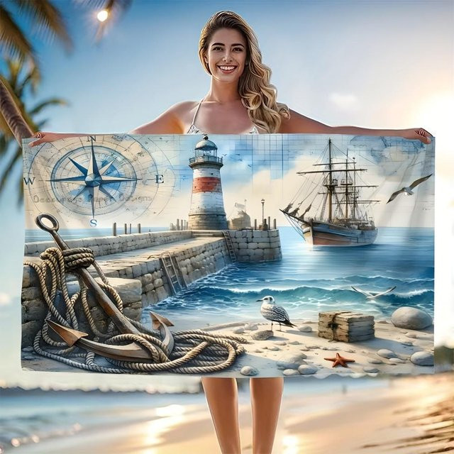 Ka Chen Muxi Sportliches Strandtuch mit Küstenlandschaft Leuchtturm & Möwe Aufdruck, Weiß/Mehrfarbig, B: 30 cm, H: 60 cm - Bild 1