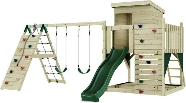 PolarPlay Spielturm Frida aus Holz mit Kinderschaukel und Rutsche, Dunkelgrün/Mehrfarbig - Bild 1