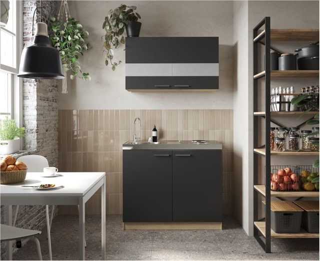 Respekta Küchenmöbel-Set Merle in Schwarz mit Glaseinlagen und Soft-Close-Türen, B/H/T: 100 x 200 x 60 cm - Bild 1