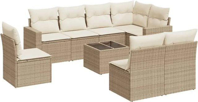 vidaXL 9-tlg. Garten-Sofagarnitur in L-Form aus Poly-Rattan mit Kissen in Beige - Bild 1