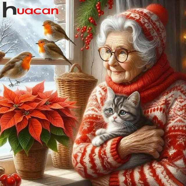 Huacan 5D DIY Diamantmalerei Porträt von Senioren und Katzen als Mosaik-Stickerei in Mehrfarbig - Bild 1
