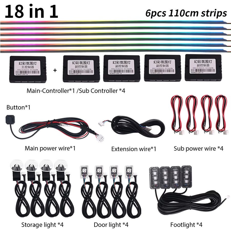 18 in 1 Auto LED Umgebungslicht Set mit 6 Stück RGB Acrylstreifen, Symphony Atmosphärenbeleuchtung in Multicolour, App-Steuerung und Fernbedienung, Länge: 110 cm - Bild 4