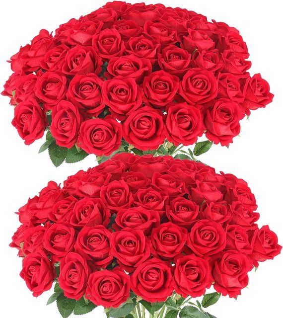 50 Stück künstliche Seidenrosen von smr als langer Zweig in Rot und Schwarz für Hochzeit, Valentinstag und Tischdekoration - Bild 1