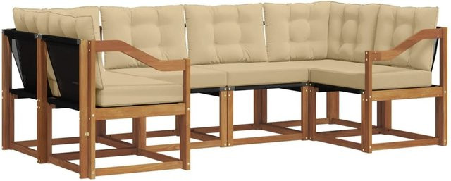 vidaXL Outdoor-Sofagarnitur 6-teilig L-Form aus Akazienholz und Textilene in Natur und Beige mit UV-beständigen Kissen - Bild 1