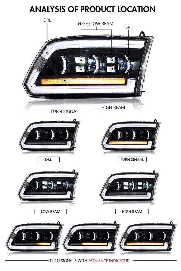Kuerled Scheinwerfer für Dodge RAM 1500 2500 3500 (2009–2018) mit sequentiellen Blinkern und Startanimationen, Schwarz - Bild 3