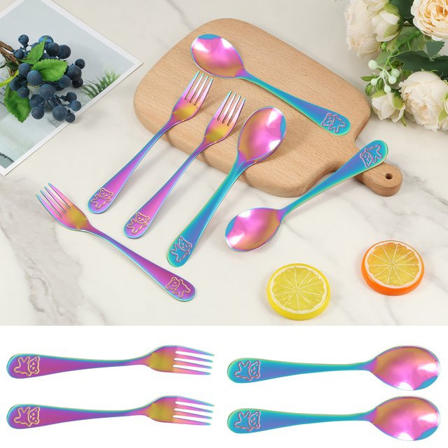 Willstar Kinder Besteckset aus Edelstahl mit Bären-Print, Gabel und Löffel in Silber und Multicolour - Bild 1