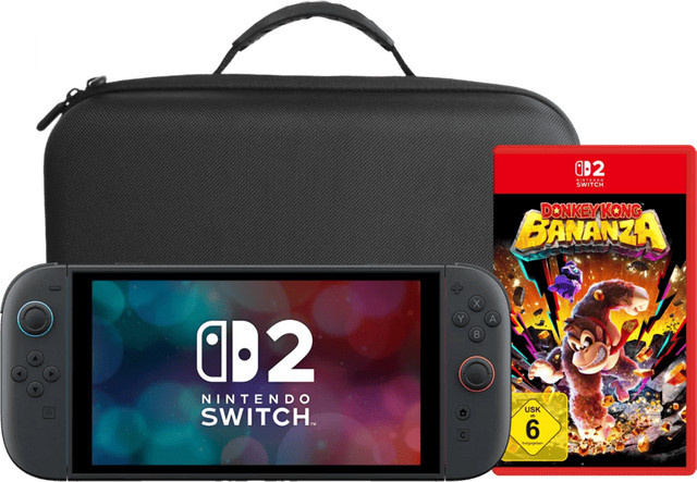 Nintendo Switch 2 Handheld Konsole mit Donkey Kong Bananza und BlueBuilt Reisehülle in Blau und Schwarz - Bild 1