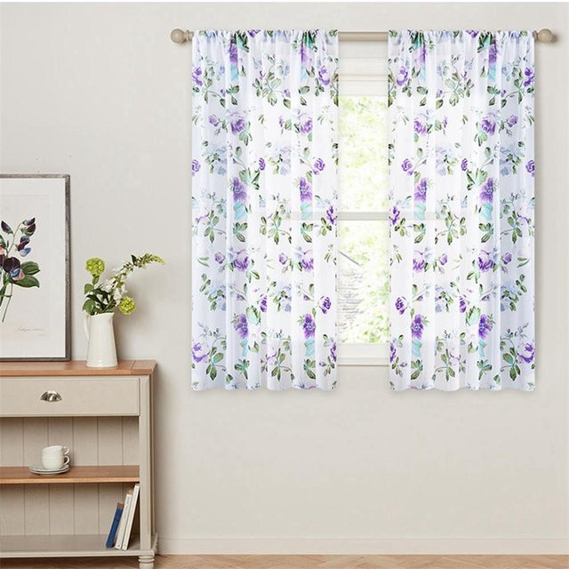 Yiran Furniture Transparente Voile-Fenstervorhänge mit Blumenmuster in Blaugrün und Grau, 2er-Set mit Ösen, Breite: 50 cm, Höhe: 130 cm - Bild 1
