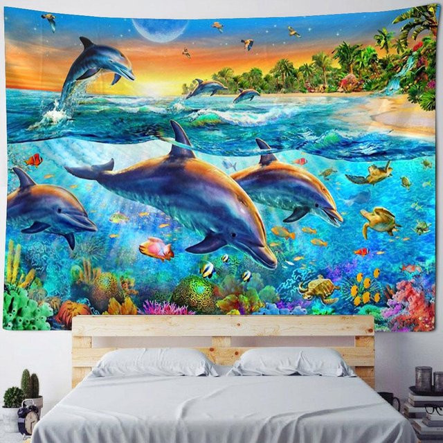 Delfin Wandbehang Unterwasserwelt von JMG Household Supplies, Mehrfarbige Wanddekoration für Kinderzimmer aus Stoff, Breite: 70 cm, Höhe: 100 cm - Bild 1