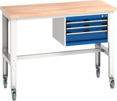 Bott Werkbank Cubio mit Hängeschrank und Buche-Massivplatte, Rollbar, Farbe: Enzianblau/Lichtgrau, Breite: 150 cm, Tiefe: 75 cm - Bild 1