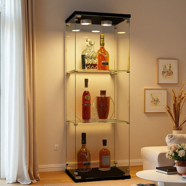 Comanlai Dreistufige Glas-Vitrine mit LED-Beleuchtung, Stehender Schaukasten mit Glastür in Schwarz, Modernes Design für Wohnzimmer und Schlafzimmer - Bild 1