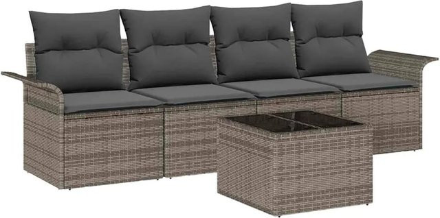 vidaXL Garten-Sofa-Set 5-teilig aus Poly-Rattan in Grau mit Polsterkissen und Tisch - Bild 1